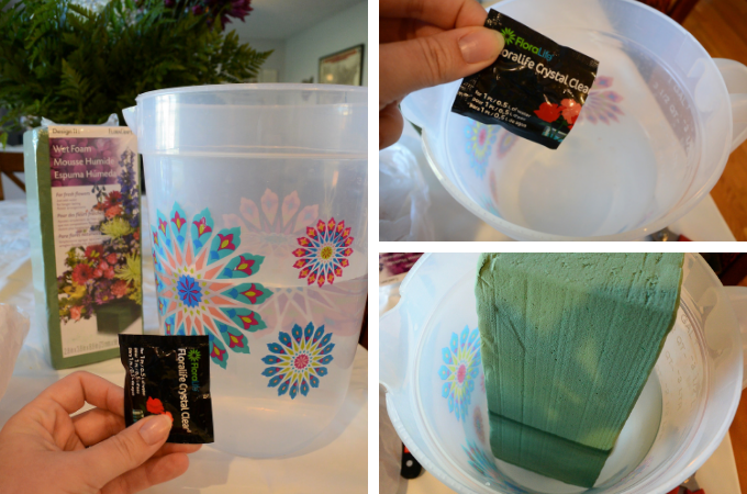 putting water and flower food into a pitcher to soak oasis foam in