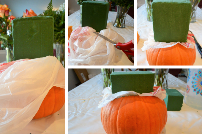 place soaked flower foam in pumpkin then trim plastic bag away