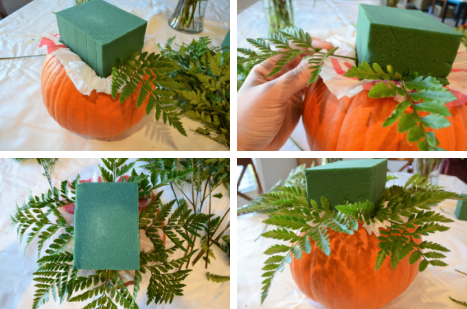 showing how to place first pieces of fern into foam