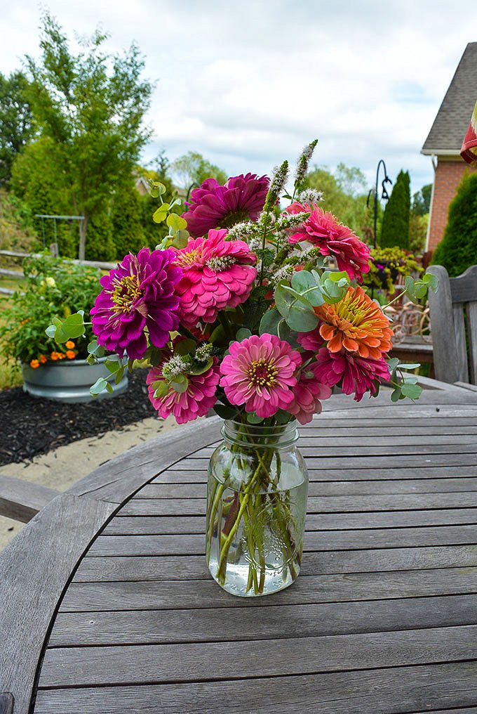 zinnia flowers in an arrangement in a mason jar