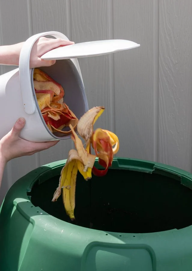 hands pouring fruit scraps into compost bin