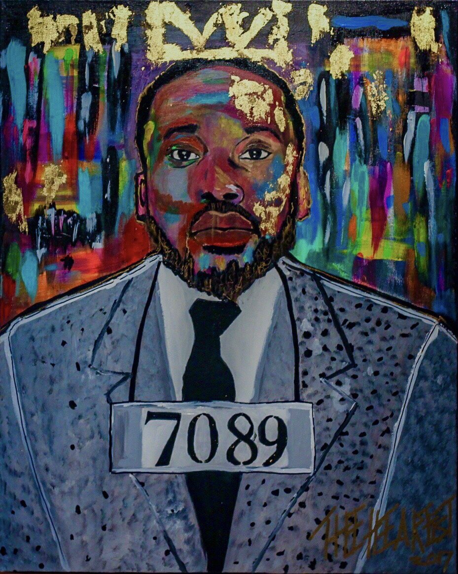 “Before & After” :
A composite image featuring mugshots of both rapper Meek Mill and Dr. Martin Luther King Jr. highlights the enduring racial disparities in the criminal justice system. Despite their vastly different backgrounds and statuses, both