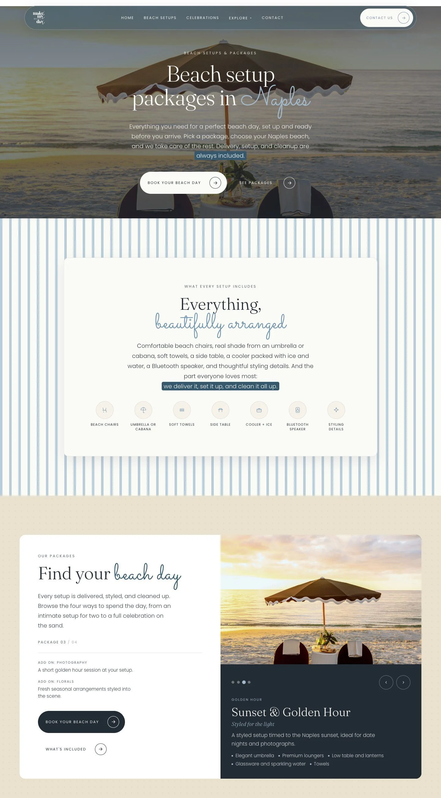 Make My Beach Day beach setup packages page design