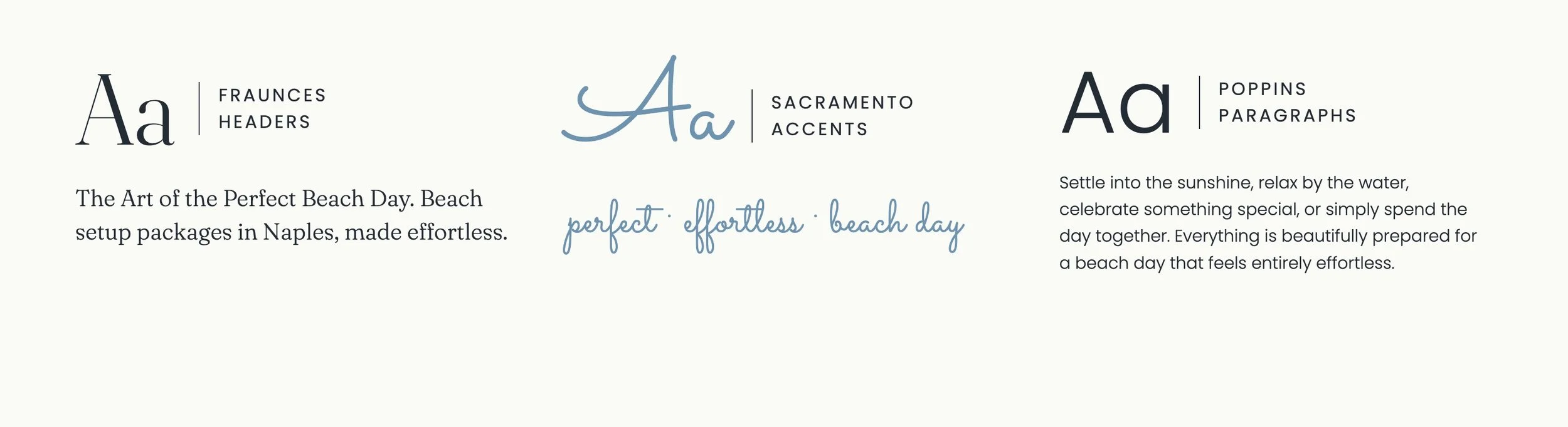 Make My Beach Day typography: Fraunces, Sacramento, and Poppins