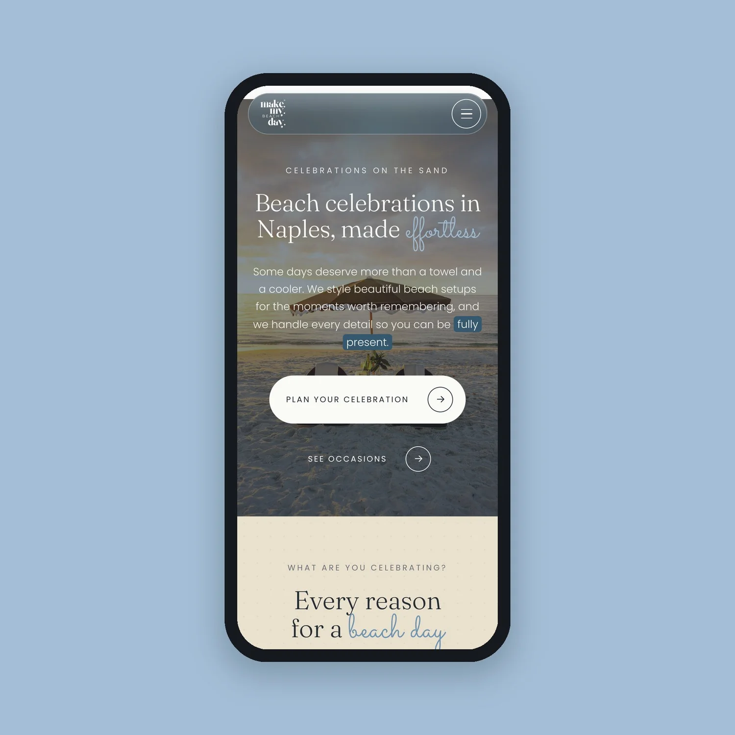 Make My Beach Day mobile celebrations page
