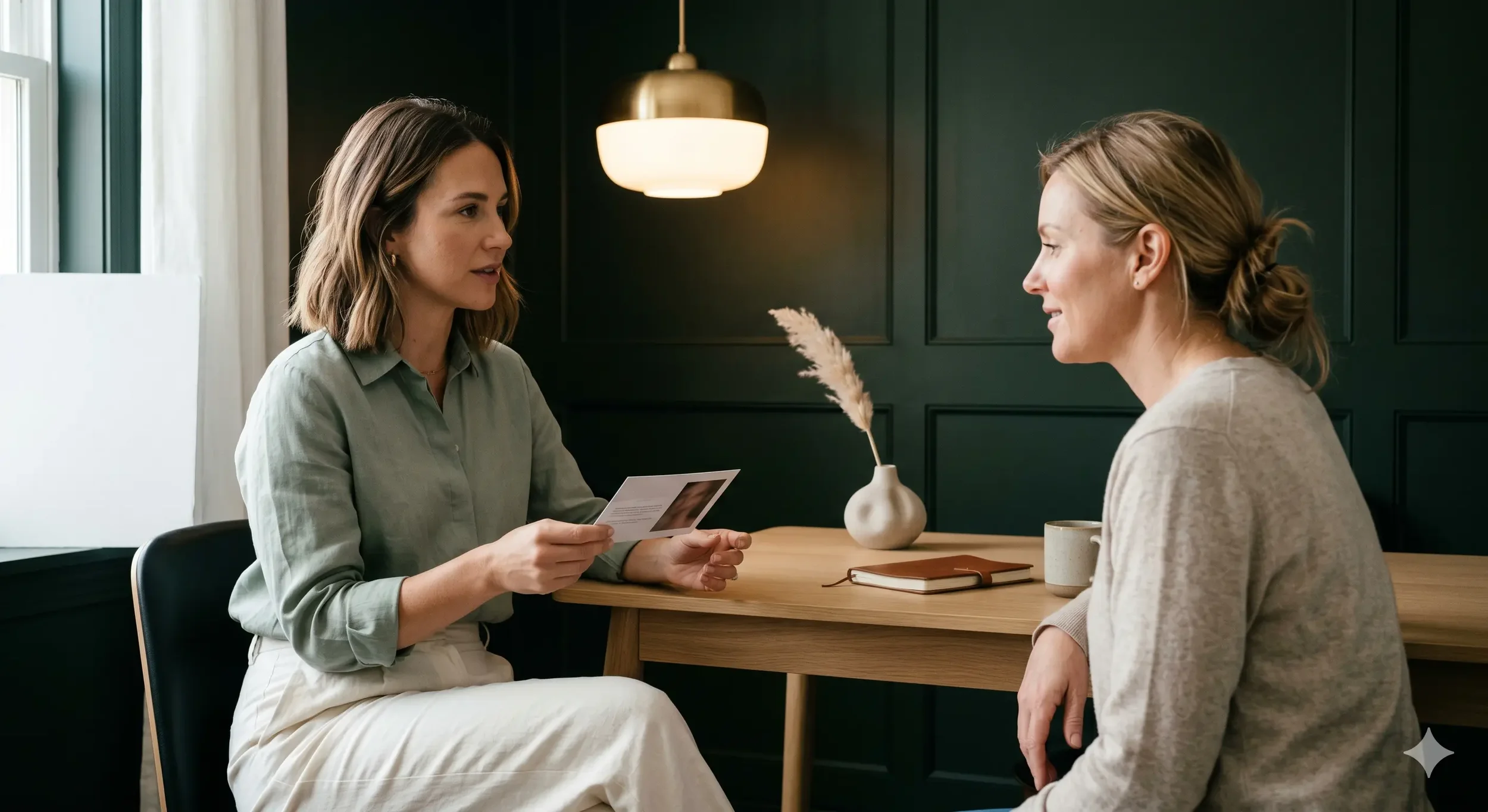 Medspa provider and patient in an intimate consultation moment, warm editorial lighting, luxury aesthetic clinic, sage green and cream tones