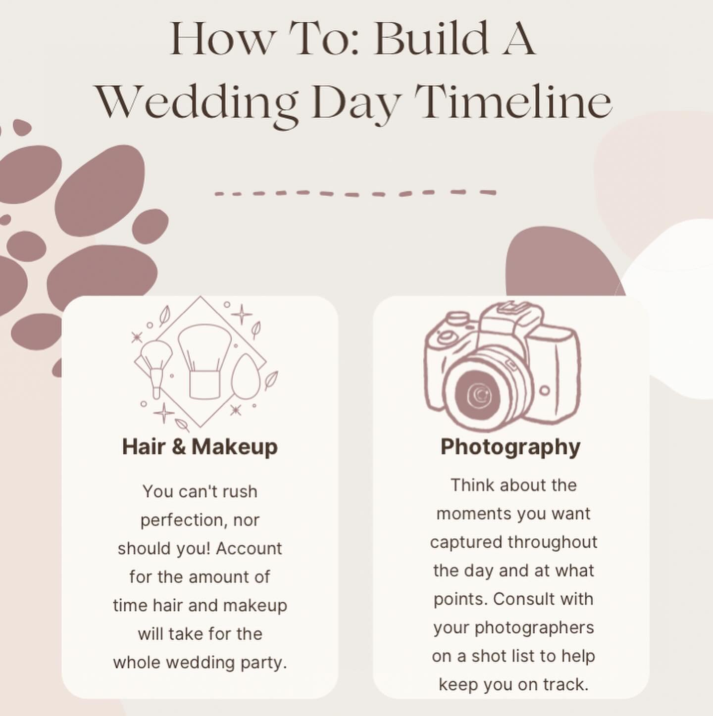 One of the most important components of your wedding day: your timeline. When most people think about their timeline, they think about the timing of the wedding from the ceremony to the reception. But what about before the wedding? Your timeline shou