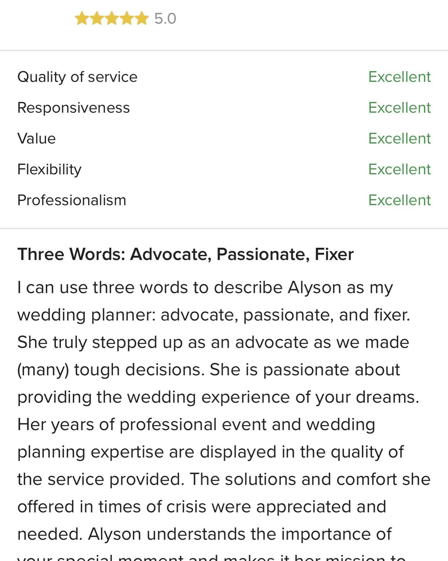 Thank you 🙏 feedback from my clients mean THE WORLD! The most rewarding part of my job is helping couples navigate the decisions and emotions that happen leading up to the fabulousness that every one else sees on the Big Day! Being a support and an 