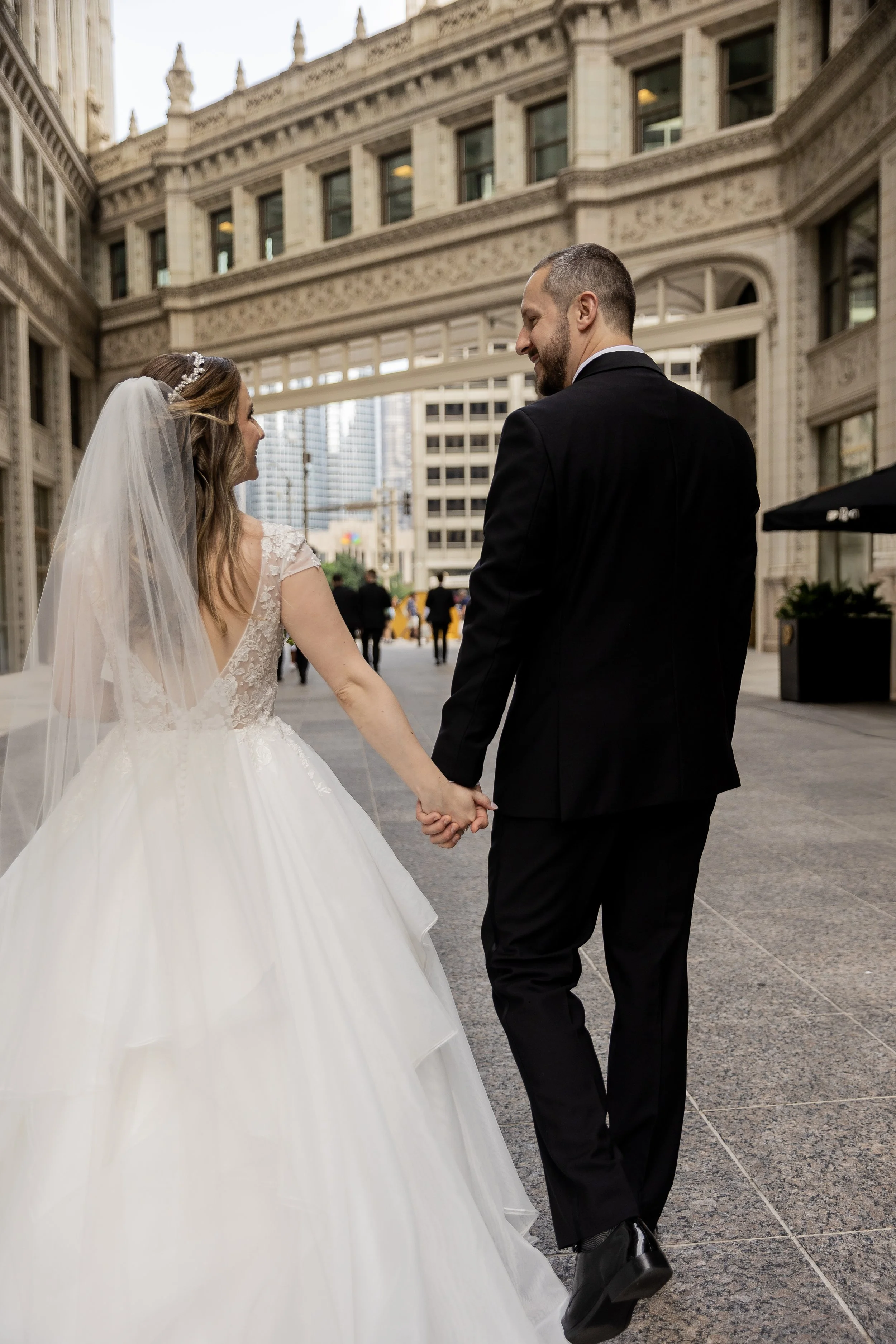 Bride and Groom in Wrigley Building Plaza on Michigan Avenue