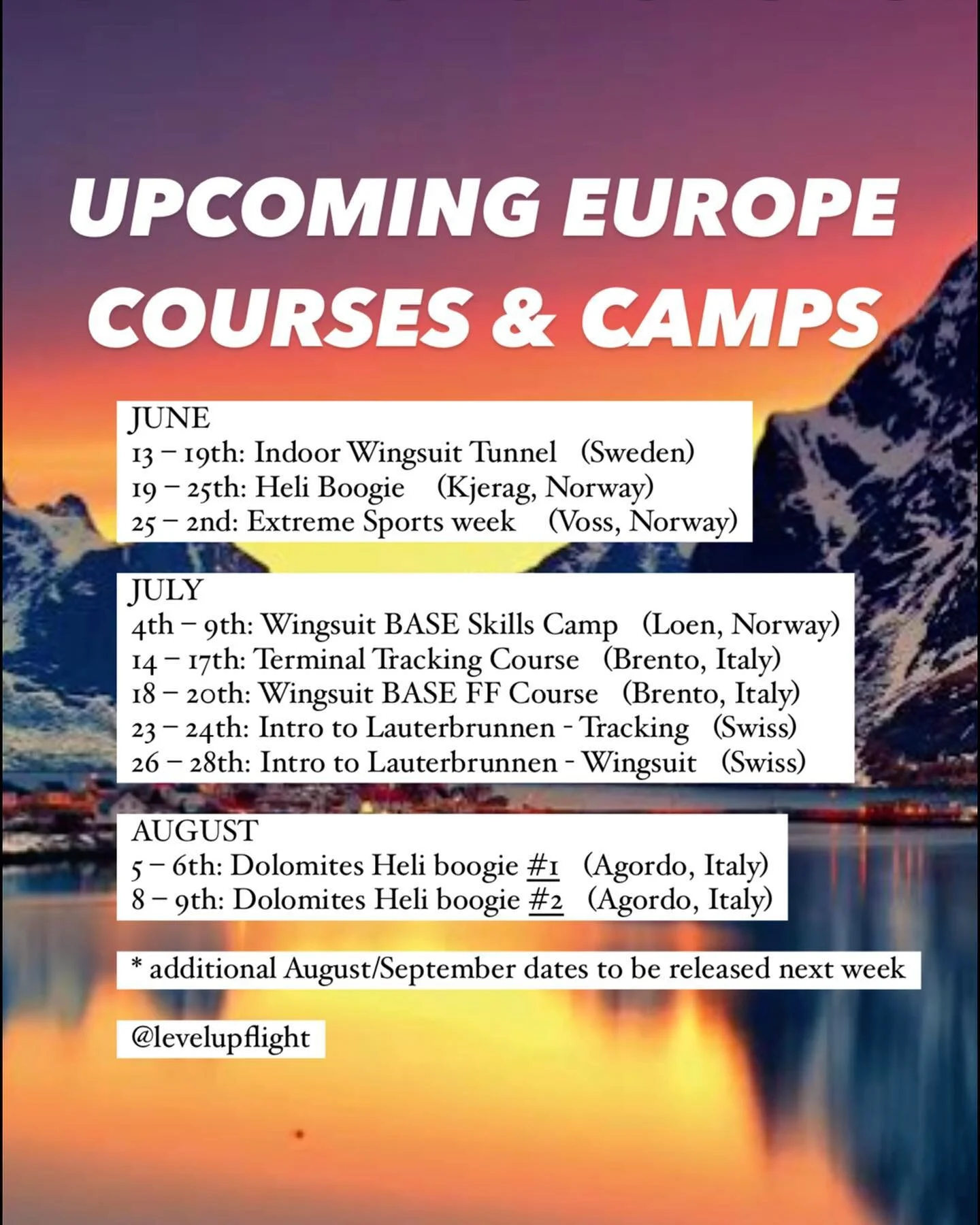 To express interest or sign up for more information, please fill in the form below or email
bendicko101@gmail.com 

https://forms.gle/Y84zJDSPezcW1T076

*additional August &amp; September camp dates to be confirmed &amp; released shortly

JUNE
13 - 1