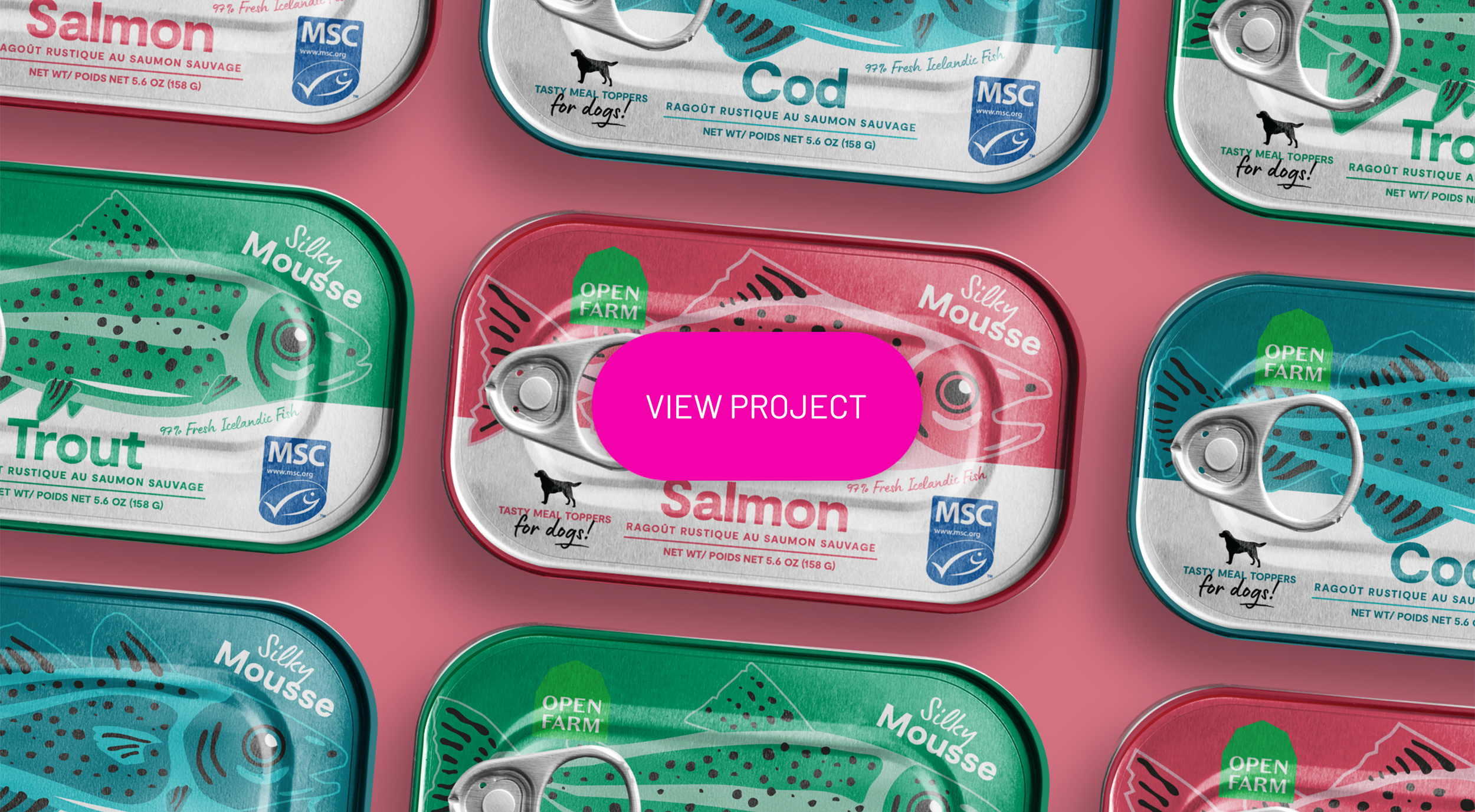 Multiple cans of fish food featuring colorful labels with illustrations of fish and dog symbols, on a pink background, with one can prominently displaying a pink overlay with the text 'View Project'.