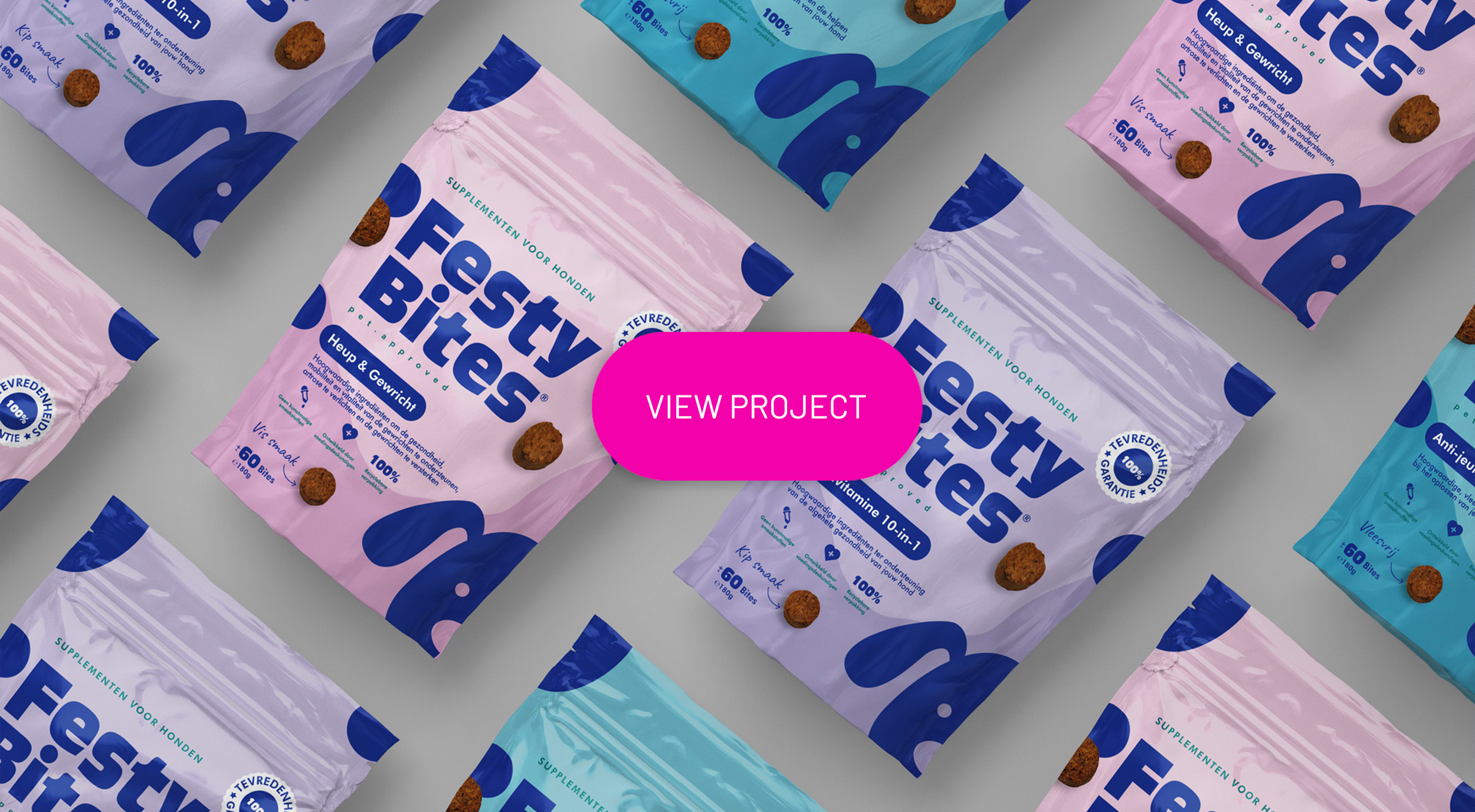 Multiple packages of Happy Pets dog supplements in pink, purple, and blue packaging with brown biscuits scattered around. The packages feature bold text, a circular badge, and icons indicating health benefits.