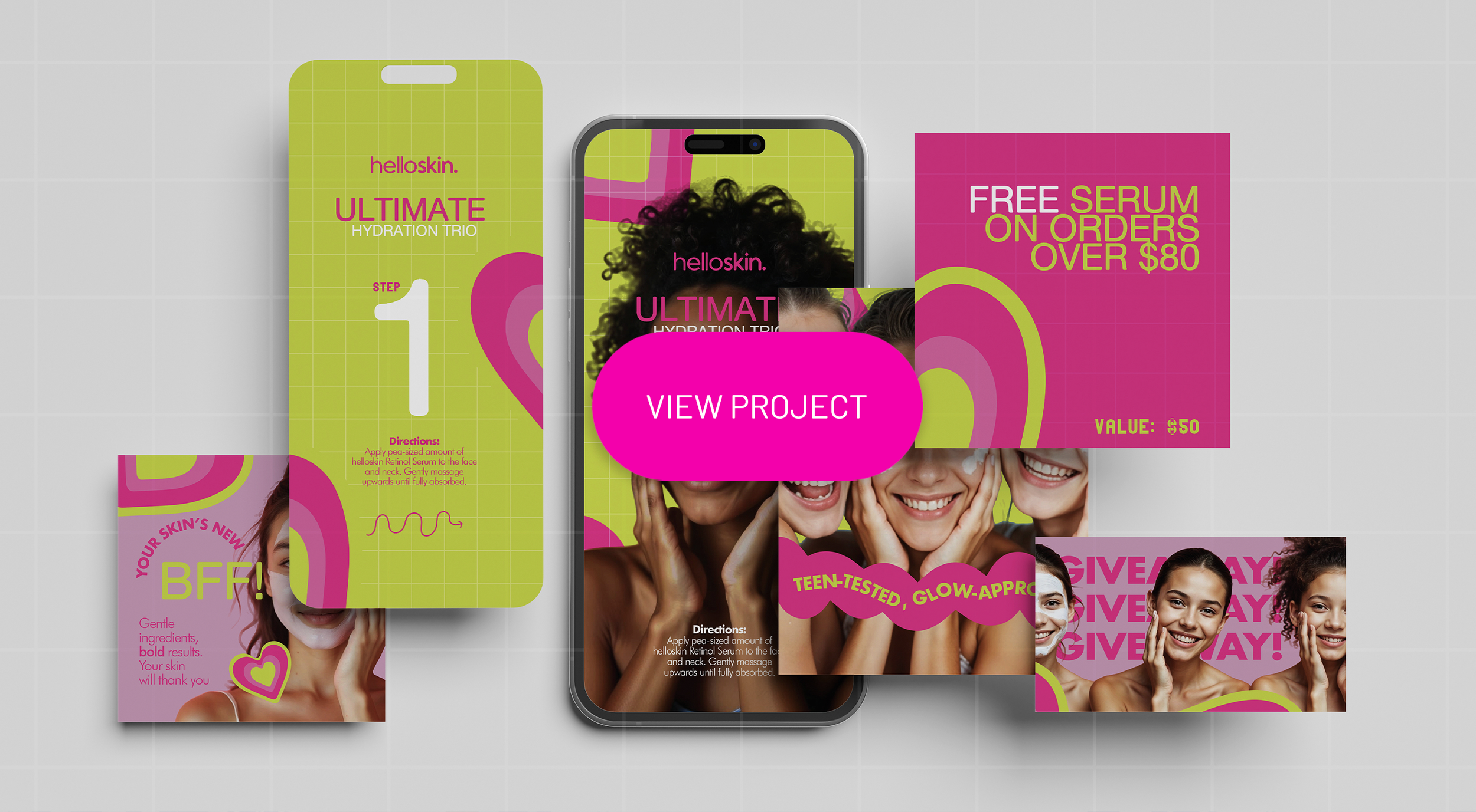 Collection of promotional skin care product advertisements with bright pink, green, and white colors, featuring images of smiling women, a smartphone displaying a project interface, and promotional offers.