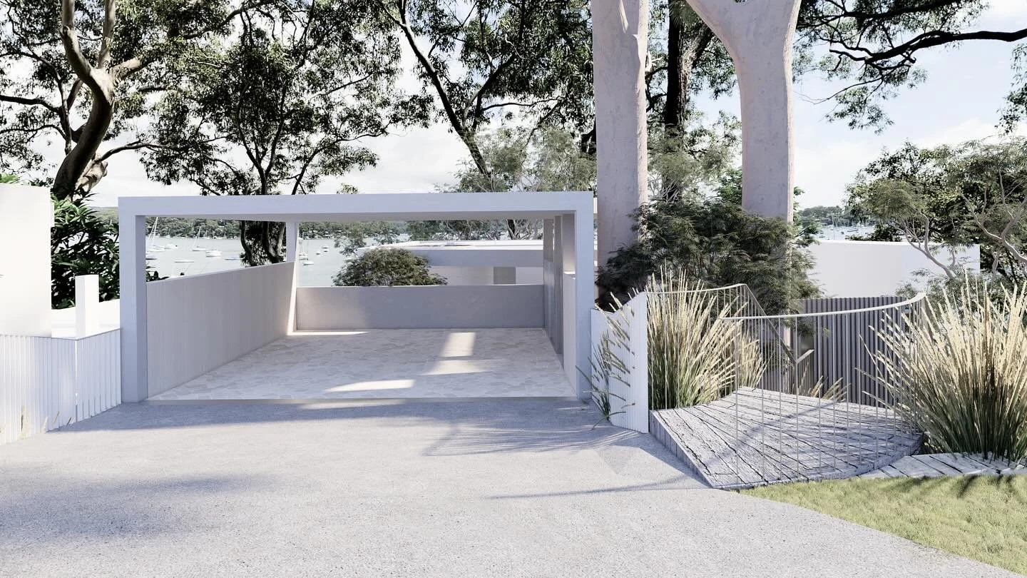 House in Newport currently under construction - with views of Pittwater, an elevated entry walkway turns about two large gum trees which stand tall in the the center of the site, by Erik Smithson Architecture and @staffordarchitecture , with builder 