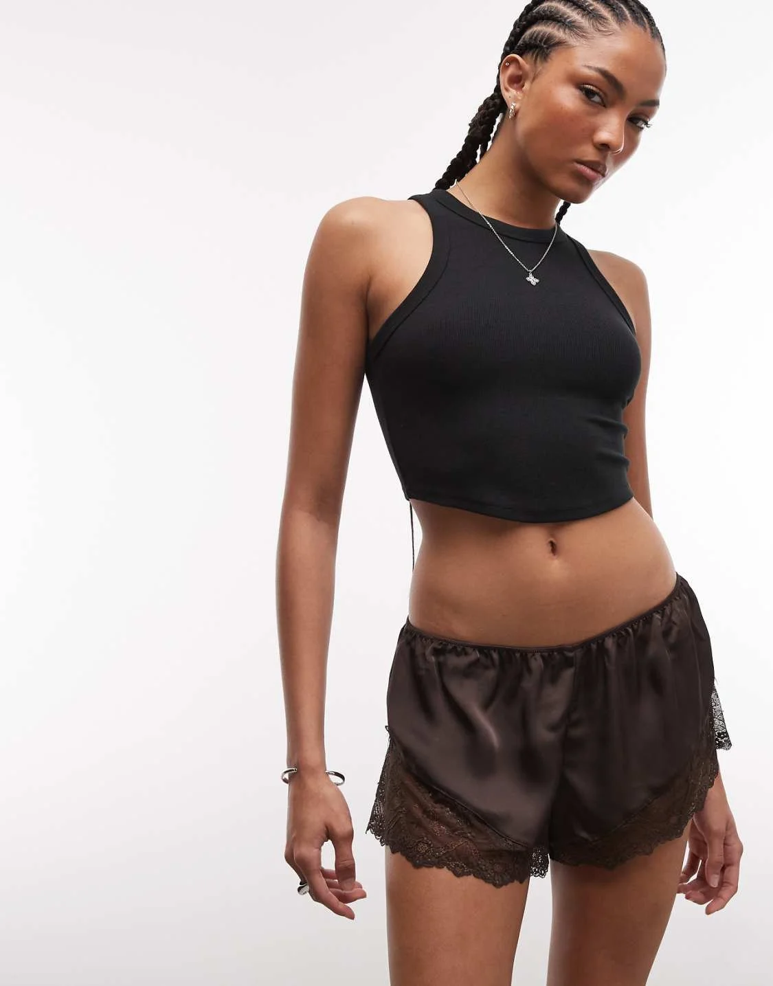 ASOS Monki Chocolate Brown Satin Lace Shorts.jpg