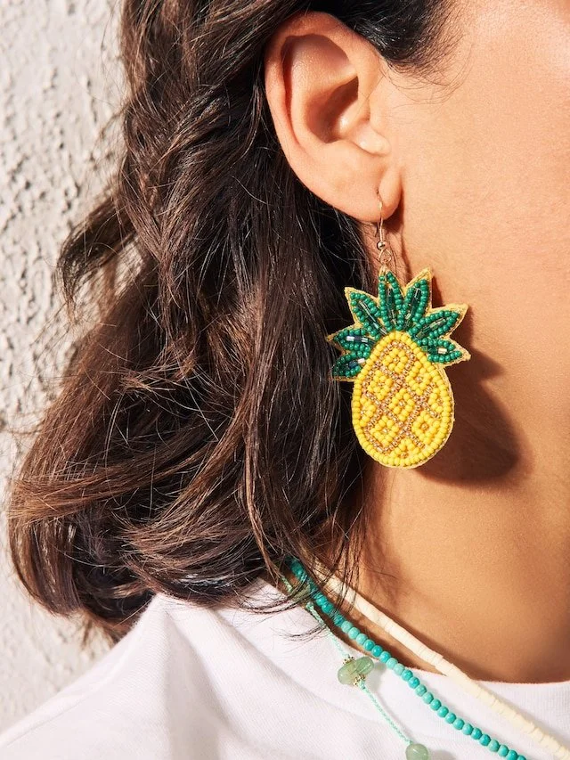 Yellow Beaded Pineapple Drop Earrings