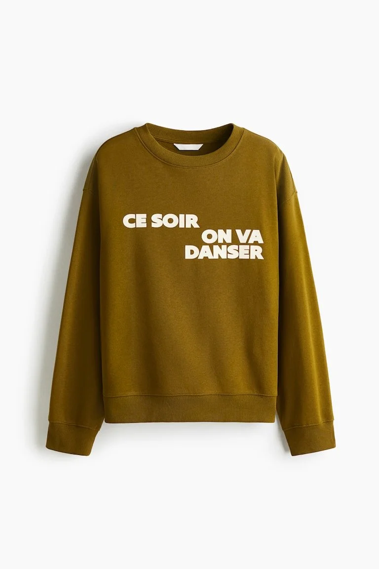 H&M Text-Motif Sweatshirt in Olive Green/Ce Soir