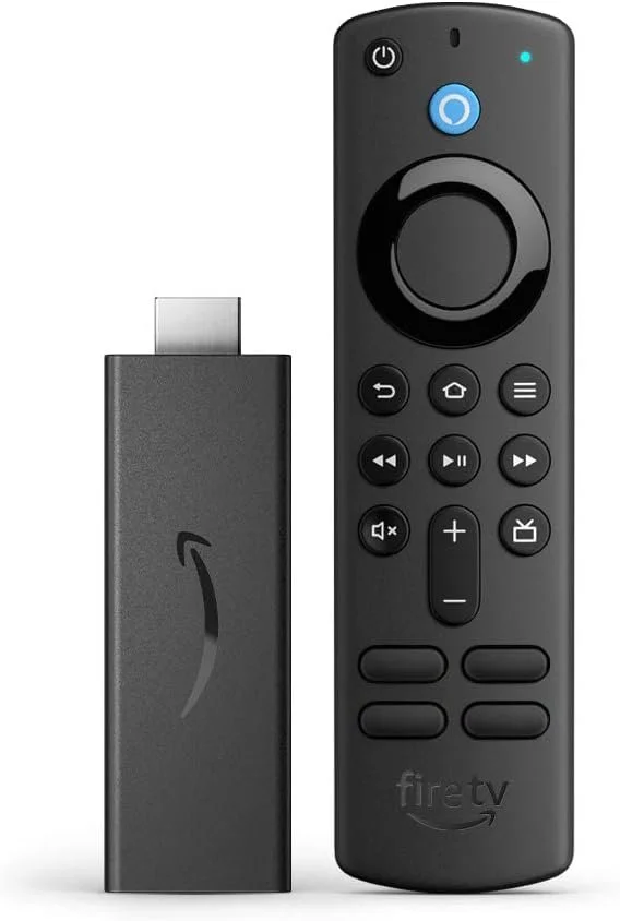 Amazon Fire TV remote control and streaming device.