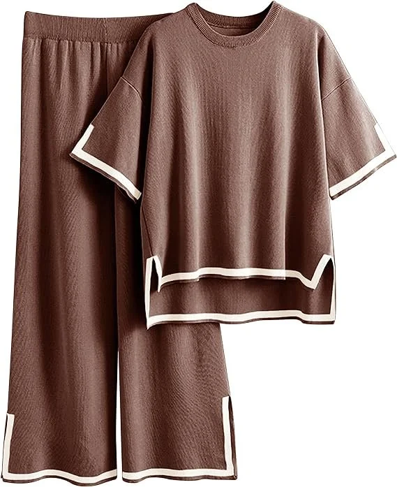 Brown loungewear set consisting of a loose-fitting top and wide-leg pants with white trim details.
