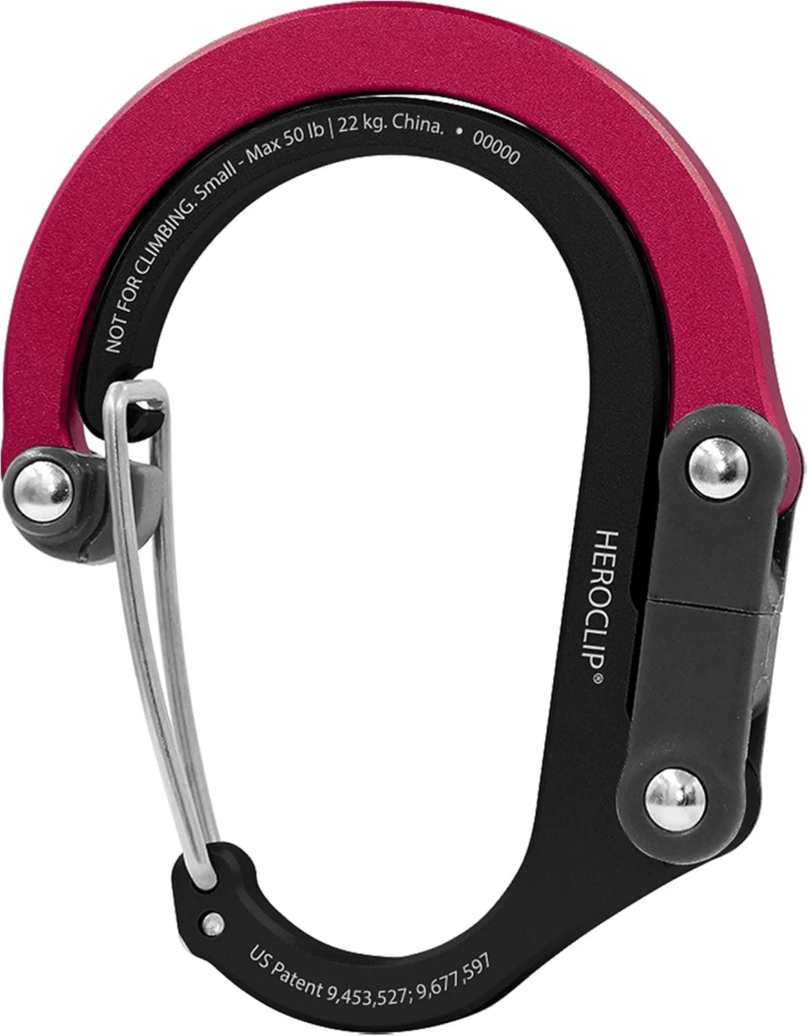 A HeroClip portable carabiner and hook with a pink and black design.