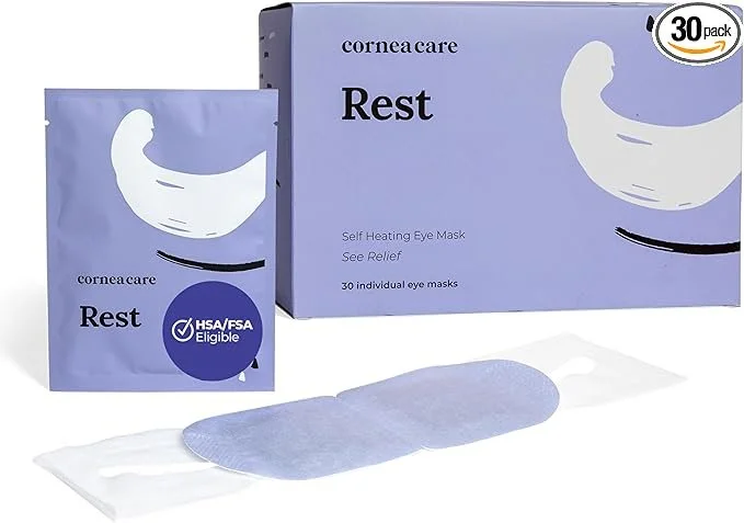 Box of cornea care Rest self-heating eye masks with 30 individual masks, a single mask, and packaging showing eye mask illustration.
