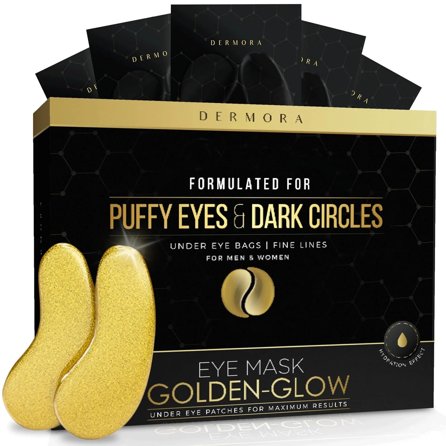 Gold-colored eye masks in front of a black and gold box labeled Dermora Golden-Glow Eye Mask. The box indicates it targets puffy eyes and dark circles and includes under-eye patches for men and women.