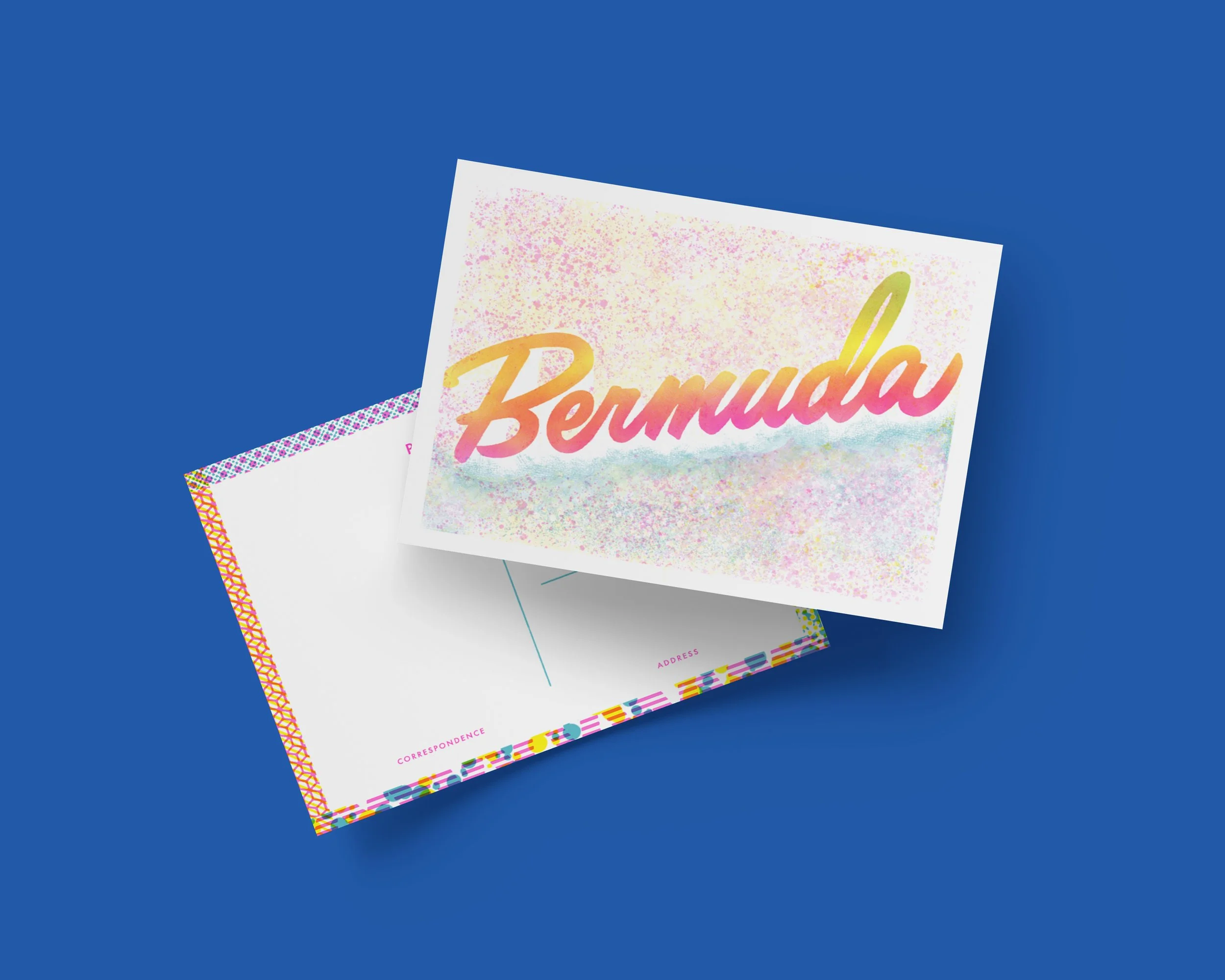 A risograph printed Bermuda-themed postcard