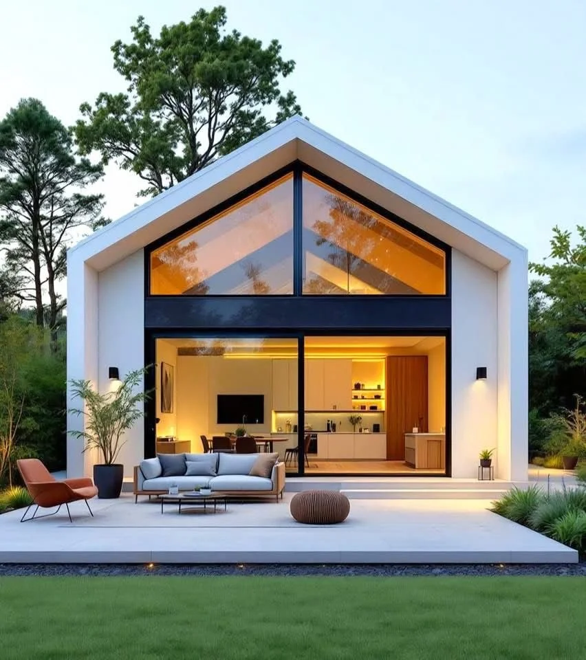 Modern house with large glass windows, outdoor living space with sofa and chairs, trees in the background, illuminated interior visible.