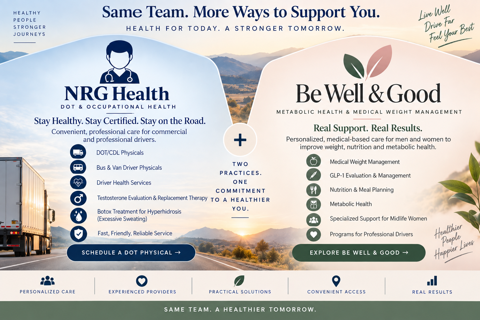 NRG Health: DOT/CDL Physicals, Bus & Van Driver Physicals, Testosterone Evaluation & Replacement Therapy, Botox Treatment for Excessive Sweating. 
Be Well & Good Services: Medical Weight Management, GLP-1, Nutrition & Meal Planning.