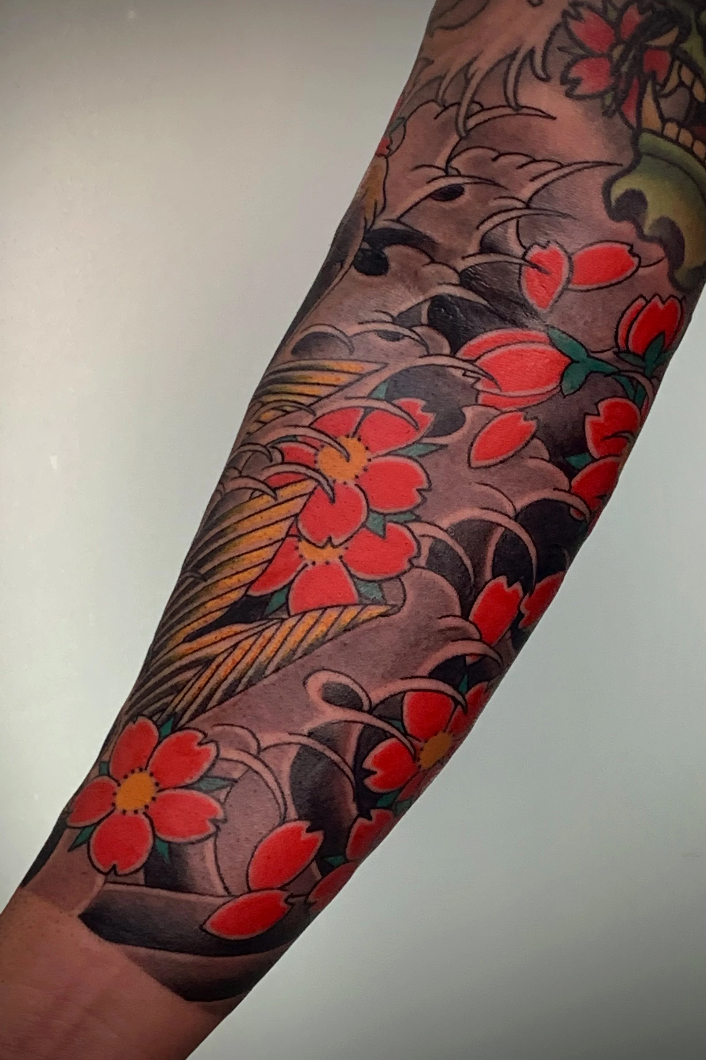 Cherry Blossom Japanese Tattoo — Forearm, Fort Lauderdale | Japanese forearm tattoo featuring cherry blossoms and flowing water. Entirely machine work. Healed