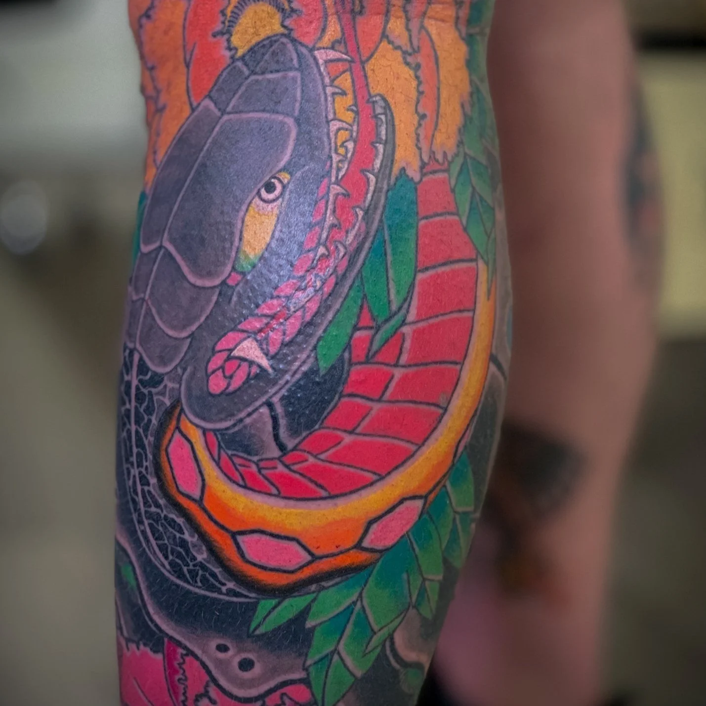 Snake & Peony Japanese Tattoo — Leg (Detail), Fort Lauderdale | Detail of a full leg tattoo featuring a snake and peony. Entirely machine work. Healed.