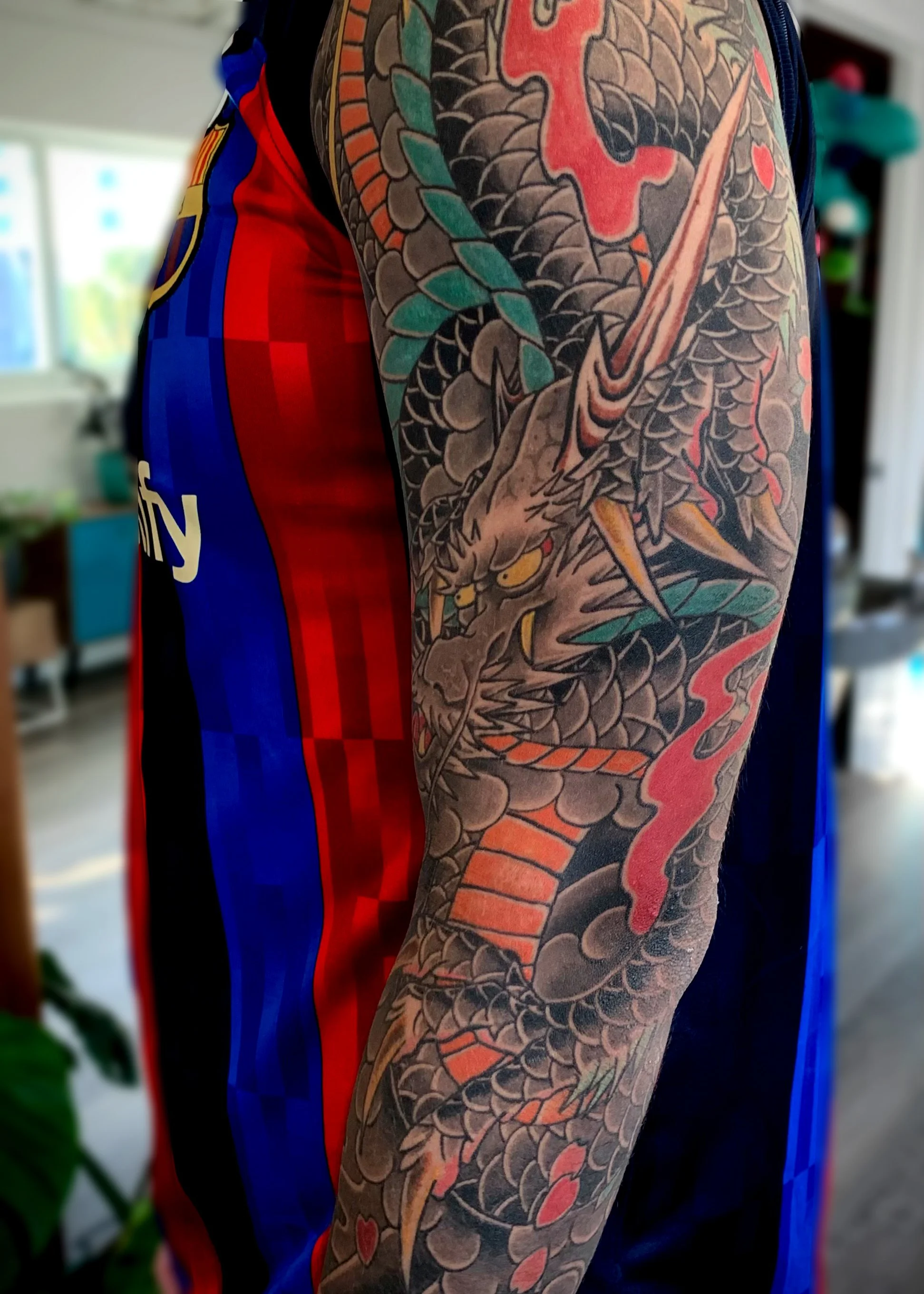 Dragon Japanese Tattoo — Full Sleeve, Freehand, Fort Lauderdale | A freehand (drawn directly on skin) full sleeve dragon. Entirely machine work. Healed.