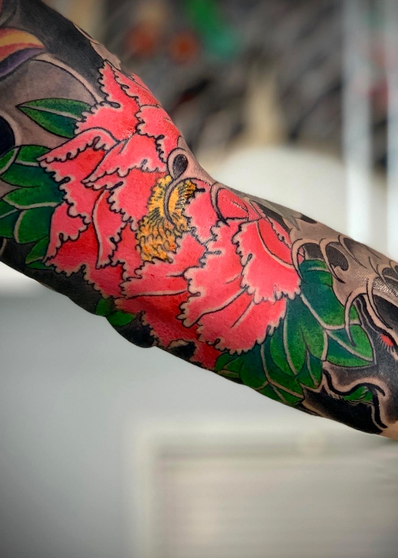 Peony Japanese Tattoo — Detail, Fort Lauderdale | Detail of a full sleeve featuring a peony. Entirely machine work. Healed.