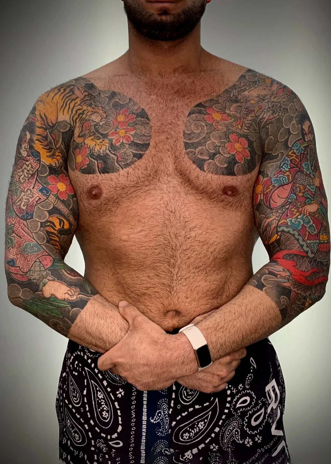 Tora Maru & Ryu Maru — Matched Tiger & Dragon Sleeves, Fort Lauderdale | A matched pair of three-quarter sleeves and chest panels: Tora Maru (tiger) on the right, Ryu Maru (dragon) on the left, unified with cherry blossom motifs throughout. Outline b