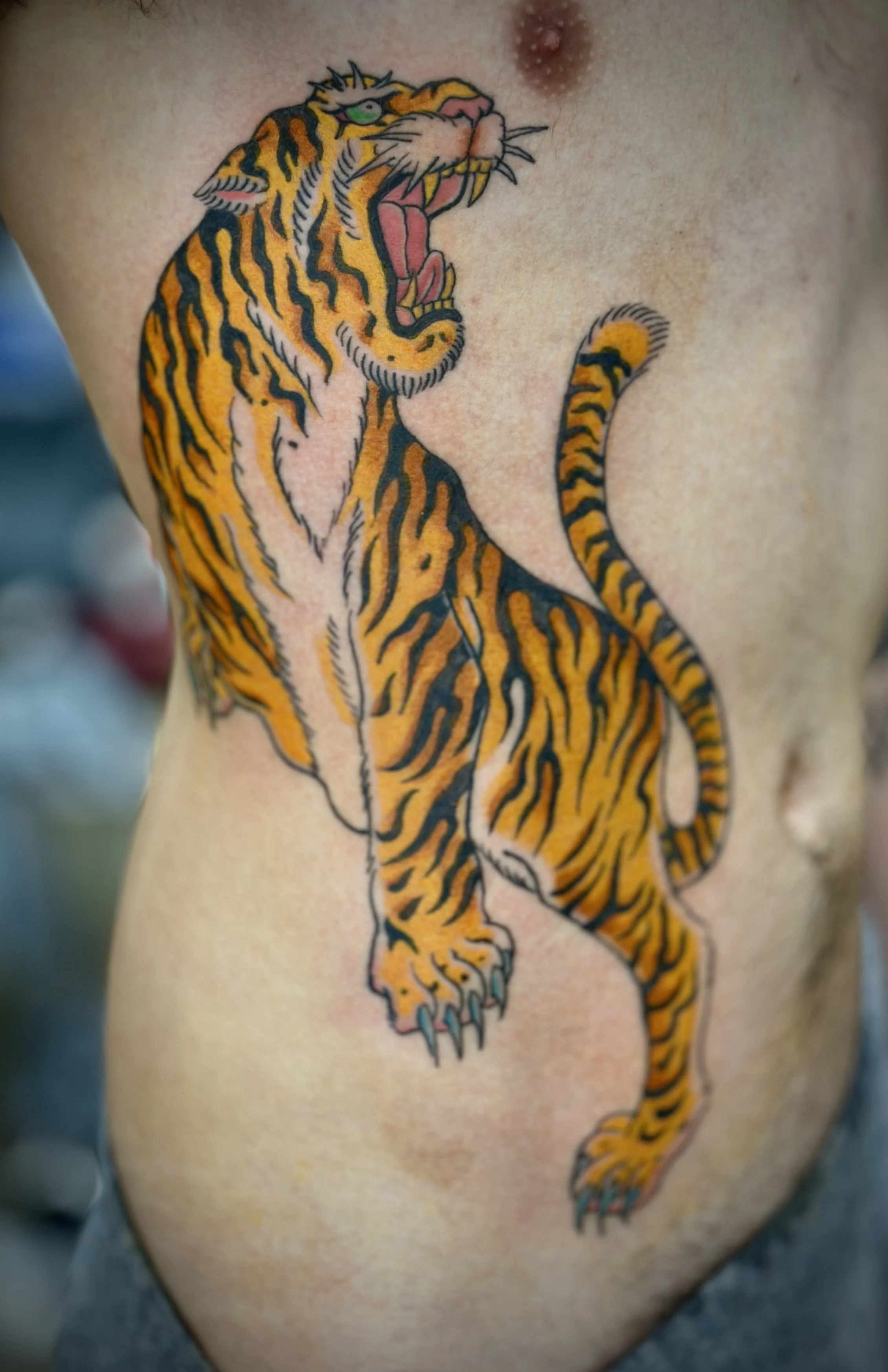 Tiger Japanese Tattoo — Rib Cage, Fort Lauderdale | A tiger tattoo on the rib cage. Outline by machine; all shading and color applied by hand using tebori. Healed.