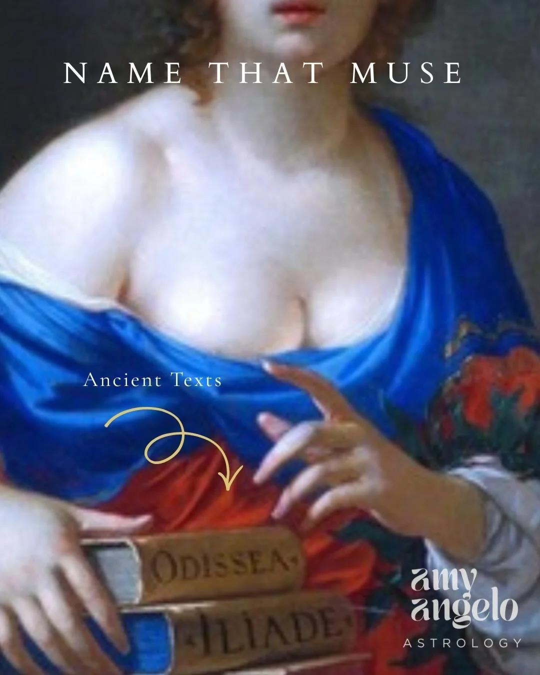 NAME THAT MUSE ✨ associated with epic poetry, shown with writing tablets, ancient texts, holder of myths and legends. She records with a stylus and sings sweet songs on the lyre. 

I&rsquo;m so excited to share more about her in my online asteroid as