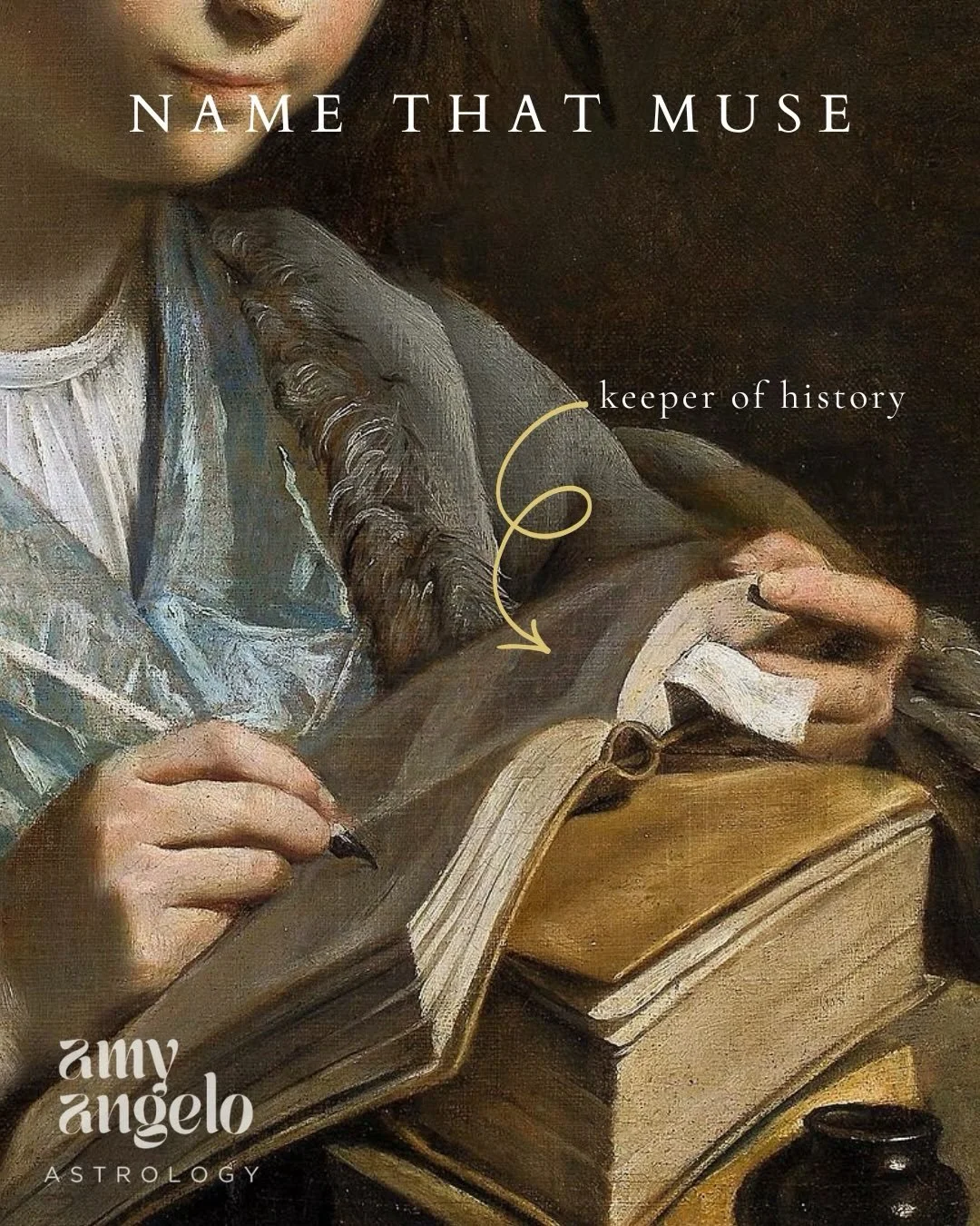 NAME THAT MUSE 📚meticulous recorder of history, here to pronounce fame to those deserving of it. She holds the heroic trumpet, and celebrates the destinies of great people in her books and scrolls 📜🖊️

LAST CALL to sign up for Muse Be with Me: an 