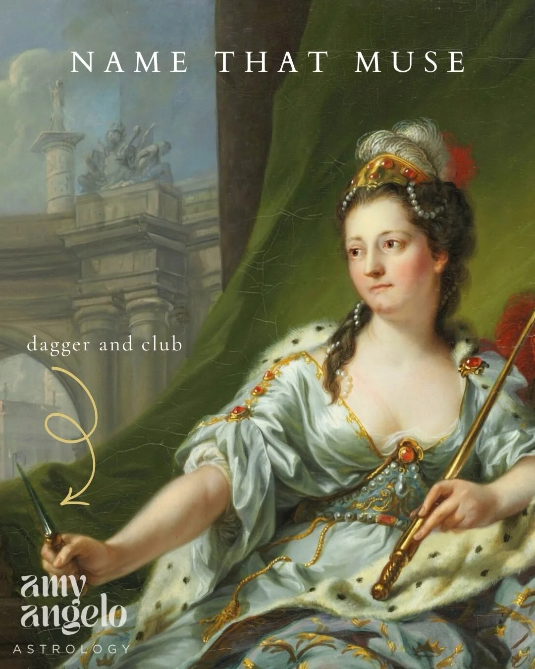 Call of the Muse ✨ she holds a dagger, teary eyed, tragic mask in hand 🎭 dramatic and extravagant, sorrowful and beautiful. 

Join me for a workshop on Sunday 6/14 at 9 am PT / 12 pm ET for an asteroid astrology workshop on the Muses! Discover your 