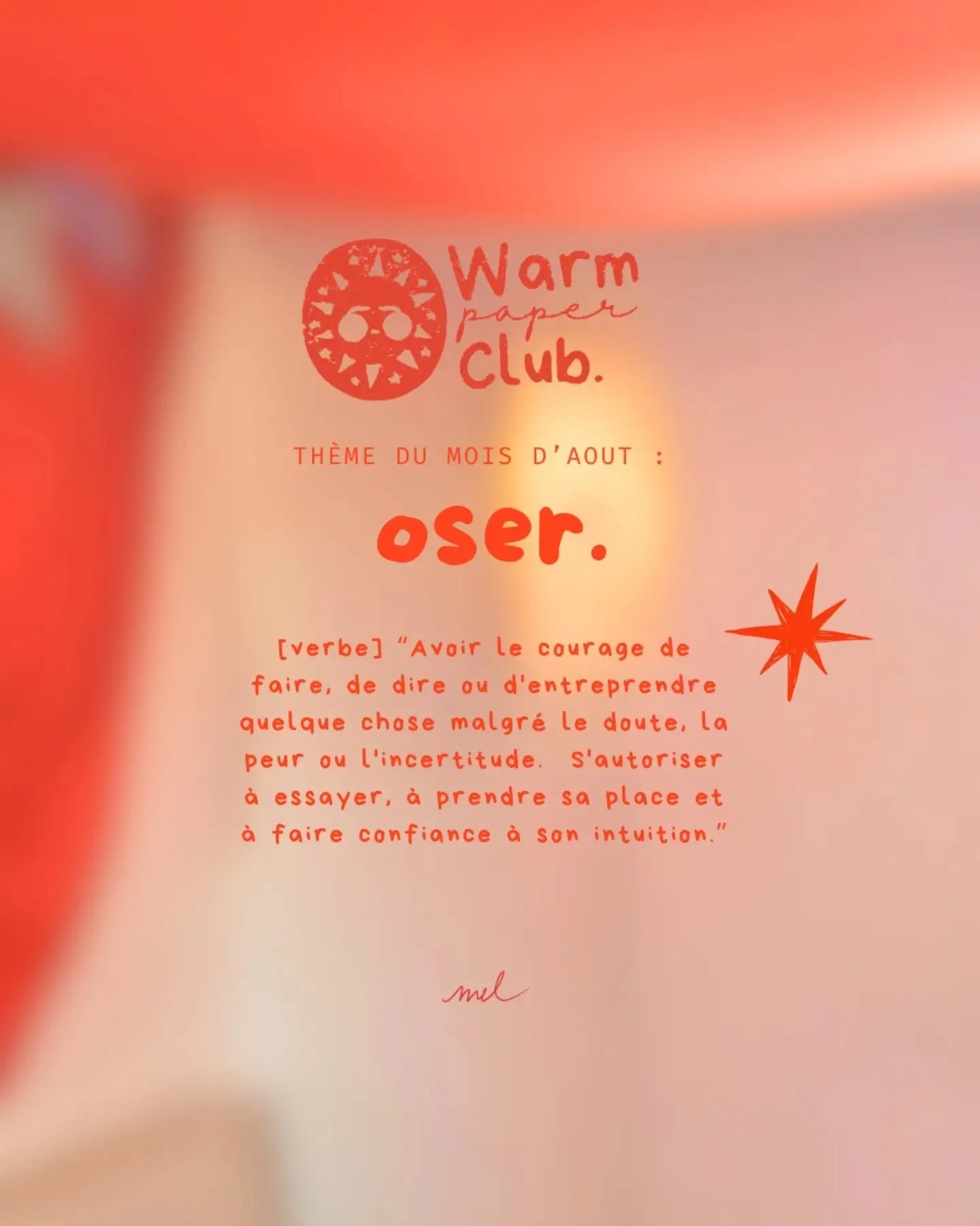 ☀️ Le courrier d'ao&ucirc;t est en cours de dessin.

Ce mois-ci, on parle d'un mot qui peut faire un peu peur... mais qui ouvre aussi beaucoup de portes : oser.

Tous les mois, les membres de mon Warm Paper Club re&ccedil;oivent un courrier pens&eacu