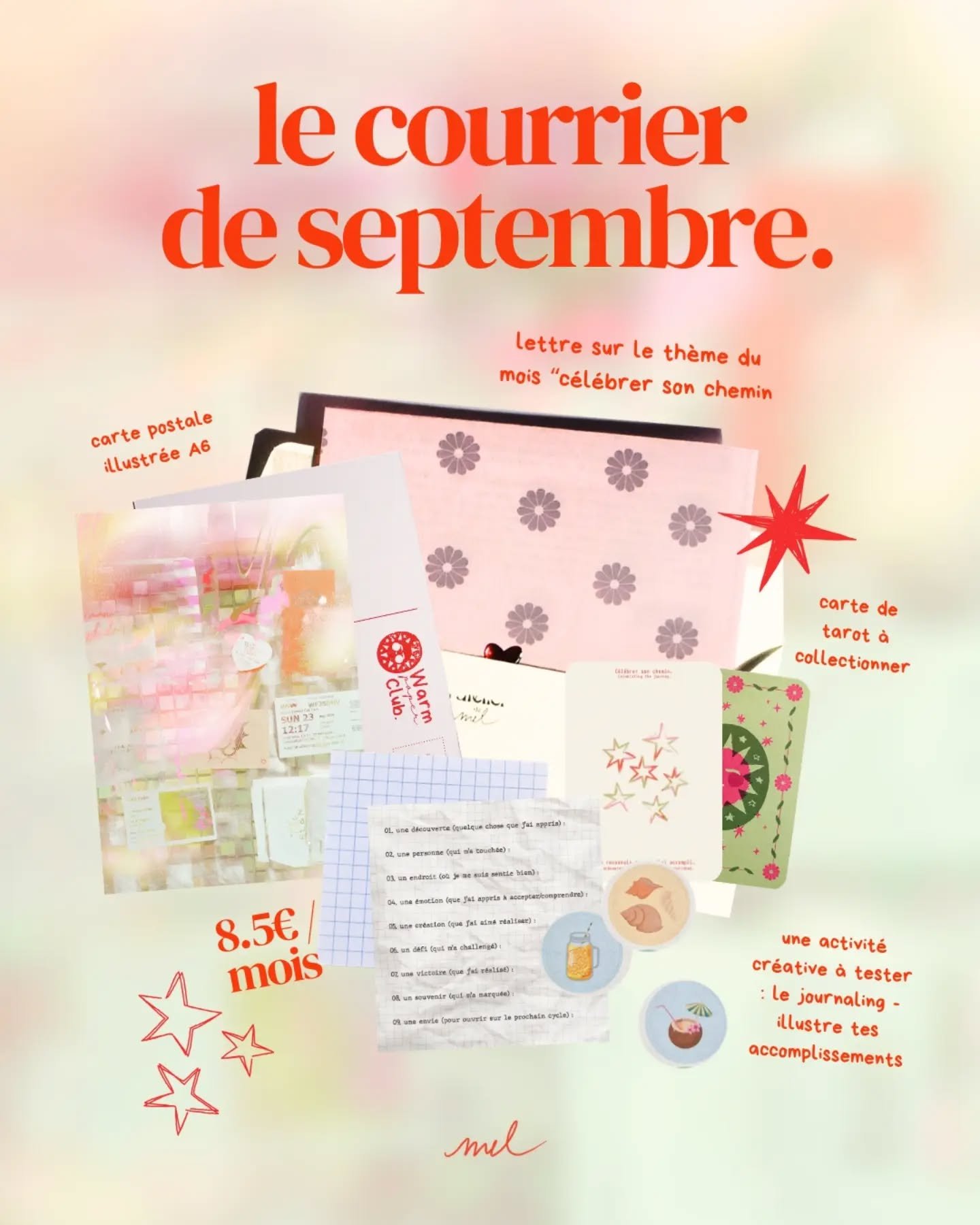 voici le courrier de septembre ✨️🤸&zwj;♀️
c'est la cl&ocirc;ture de cette premi&egrave;re ann&eacute;e du Warm Paper Club, il est donc temps d'illustrer ses accomplissements ! 

dans le courrier ce mois ci, tu trouveras : 
- une lettre sur le th&egr