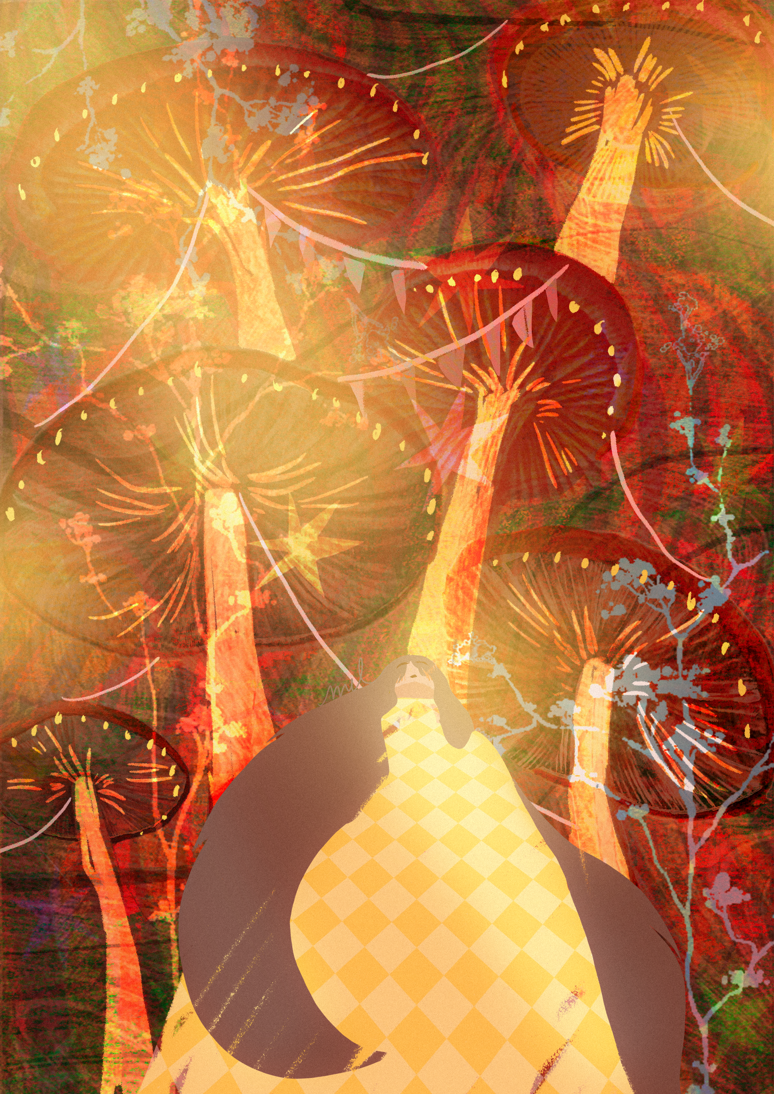 illustration_relaxante_cozy_colorée_apaisante_paysage_personnage_snail_mail_champignons_automne