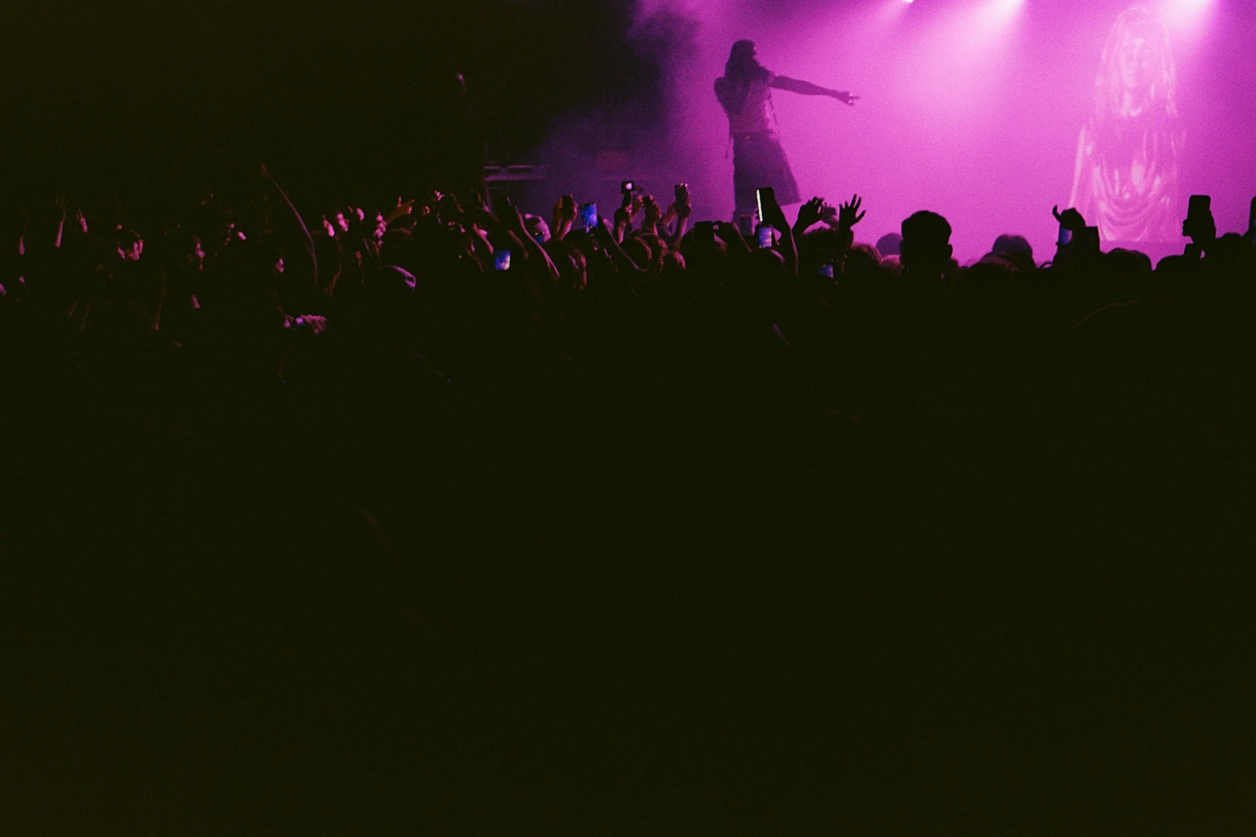 A concert scene with a large crowd of people holding up phones and taking pictures. A performer is on stage, surrounded by purple and pink lighting, with their arm outstretched.
