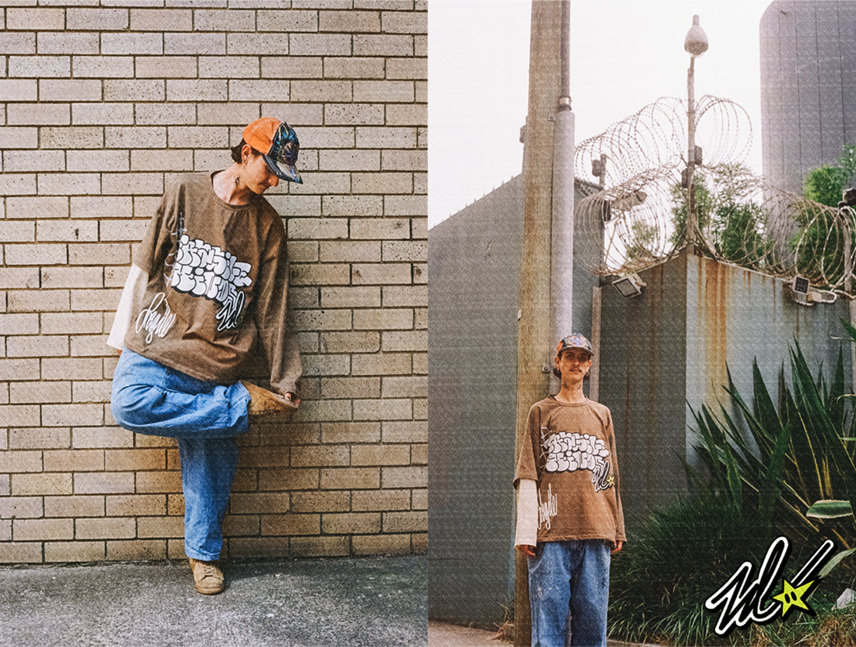 A young person wearing a brown graphic sweatshirt, blue jeans, tan shoes, and a colorful cap stands against a brick wall on the left side of the image. On the right side, a person in a similar brown sweatshirt, blue jeans, and a cap stands outdoors n