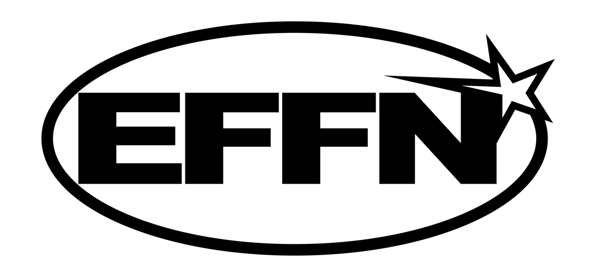 Black logo with bold letters 'EFFN' inside an oval with a star and burst design in the top right corner.