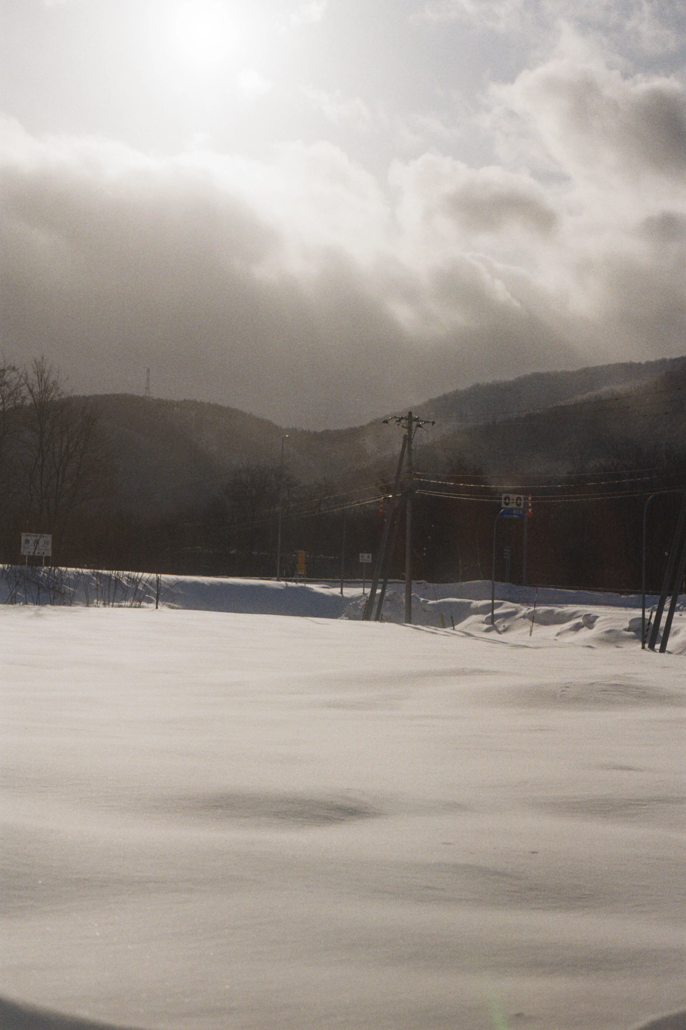 A snowy landscape with snow-covered ground, a few leafless trees, and utility poles in the distance under a cloudy sky.