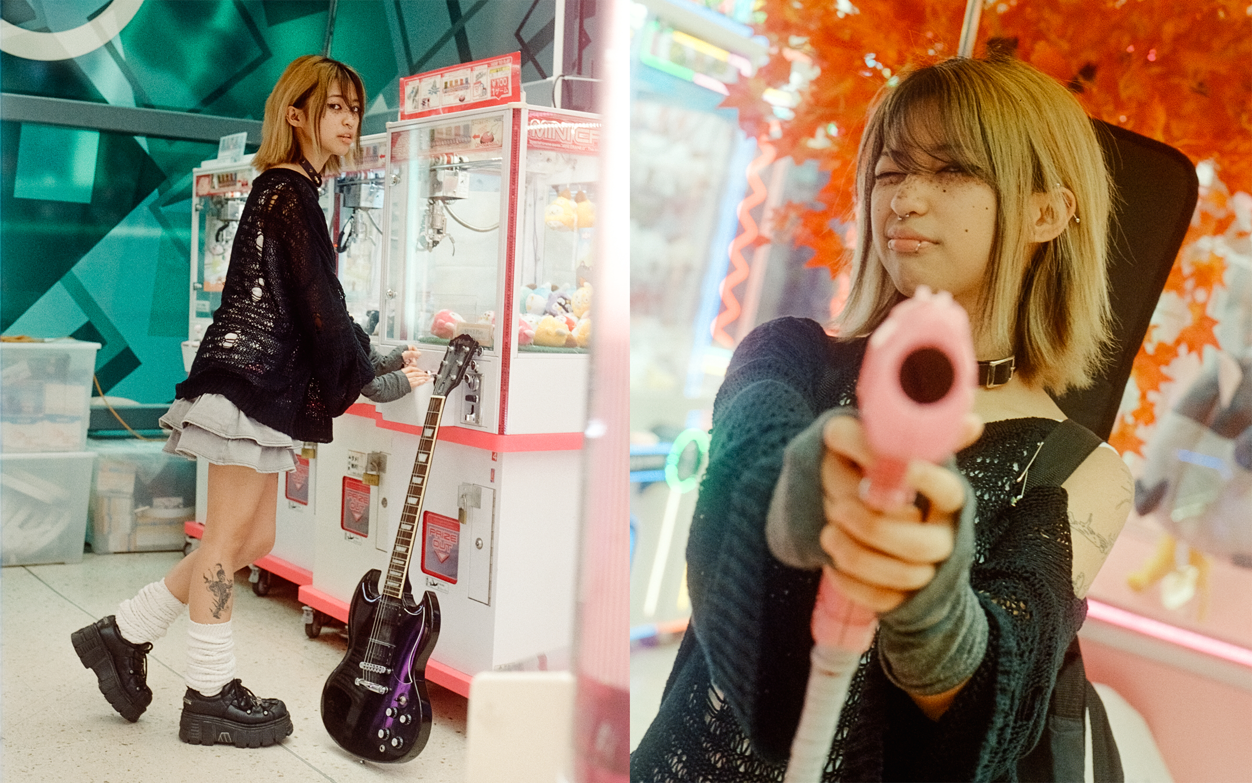 A young woman with shoulder-length blonde hair and a tattoo on her leg plays an arcade claw machine in a colorful arcade. She wears a black crochet top, beige shorts, chunky black boots, and white socks. She is facing the machine and looking sideways