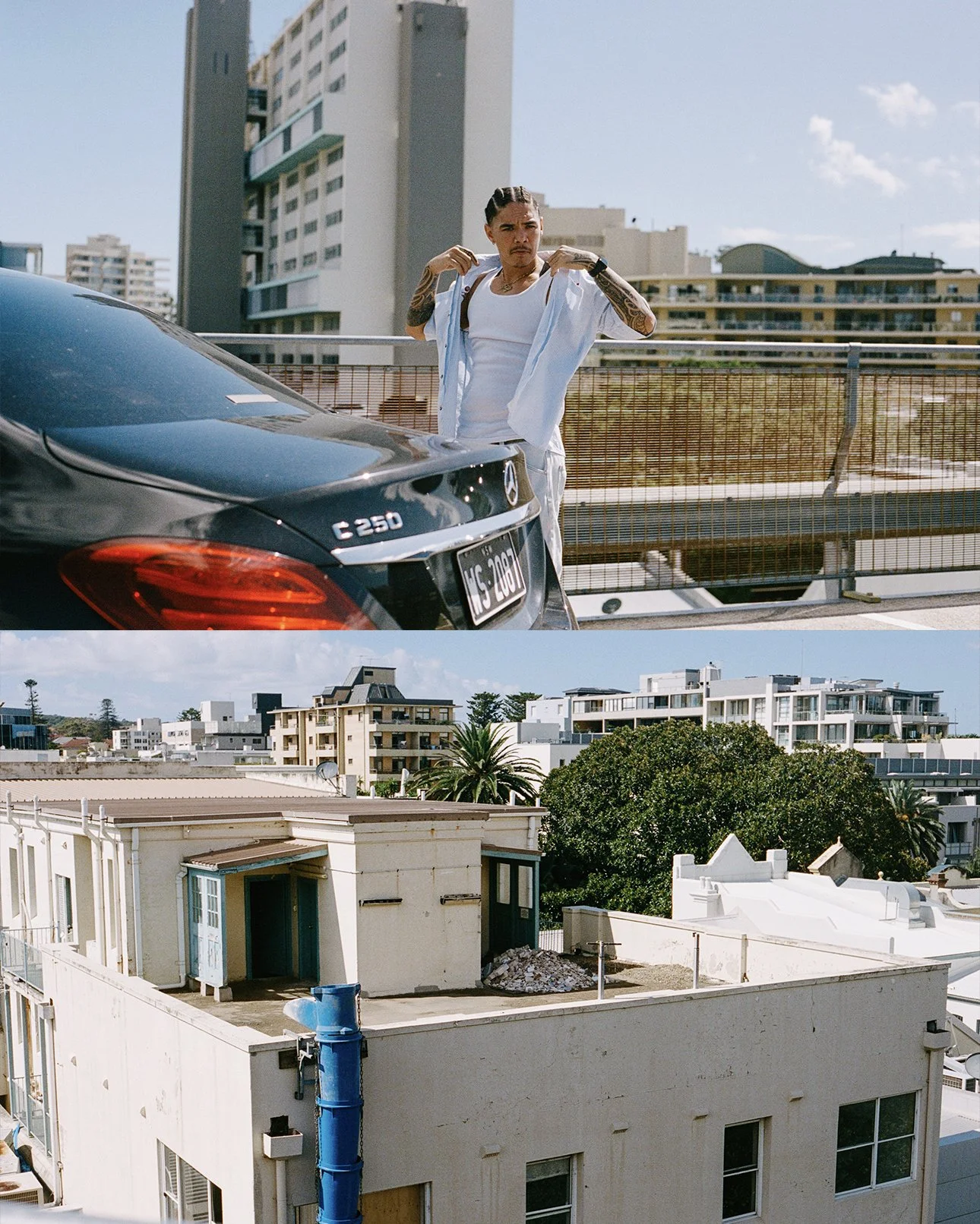 Two images showing rooftop views of residential and commercial buildings in an urban area with a man standing in front of a black car in the first image.