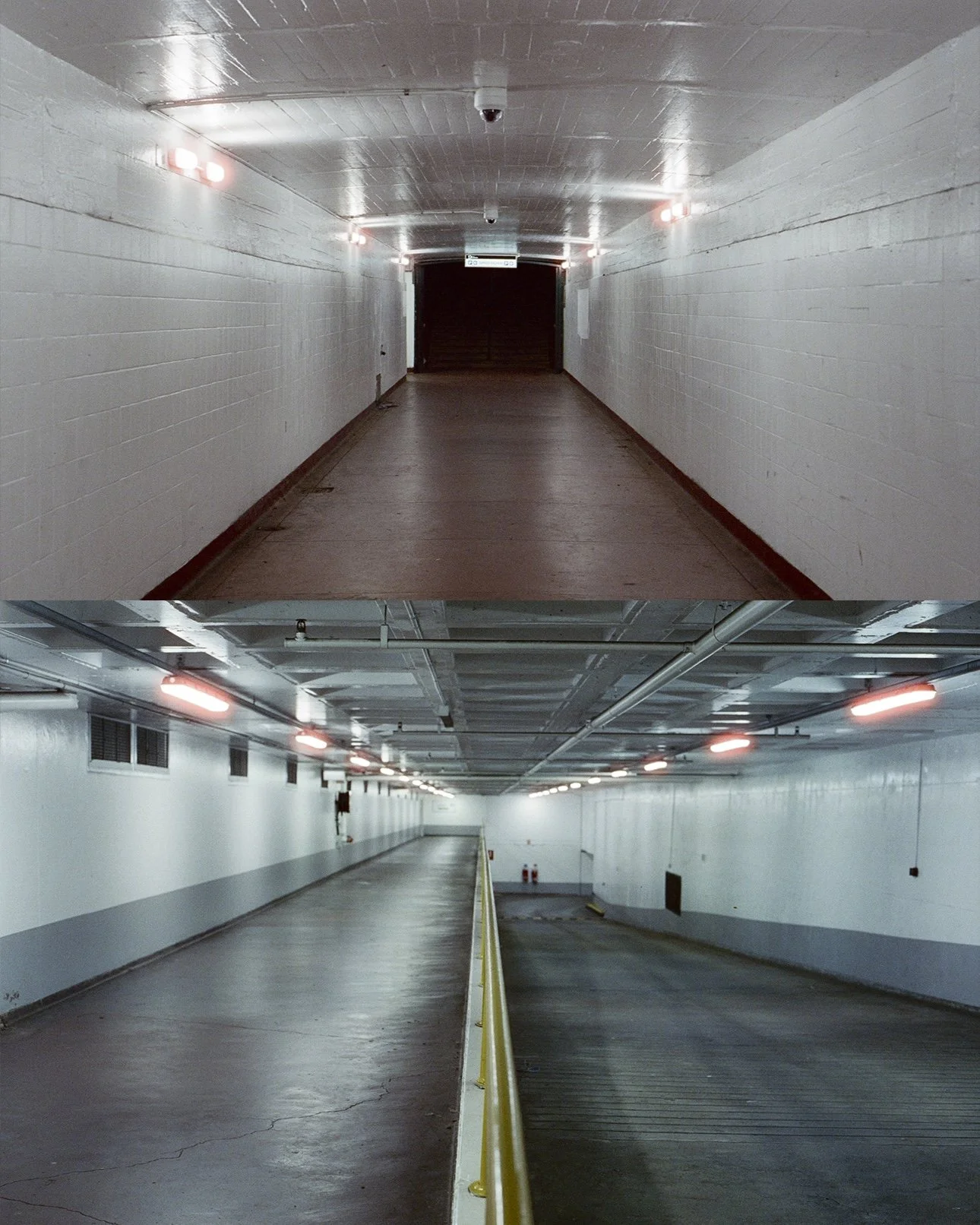 Side-by-side comparison of two underground parking garage tunnels. The top tunnel has white painted brick walls and a reddish-brown floor, with ceiling lights and security cameras. The bottom tunnel has white walls with a grey stripe, a metal ceiling