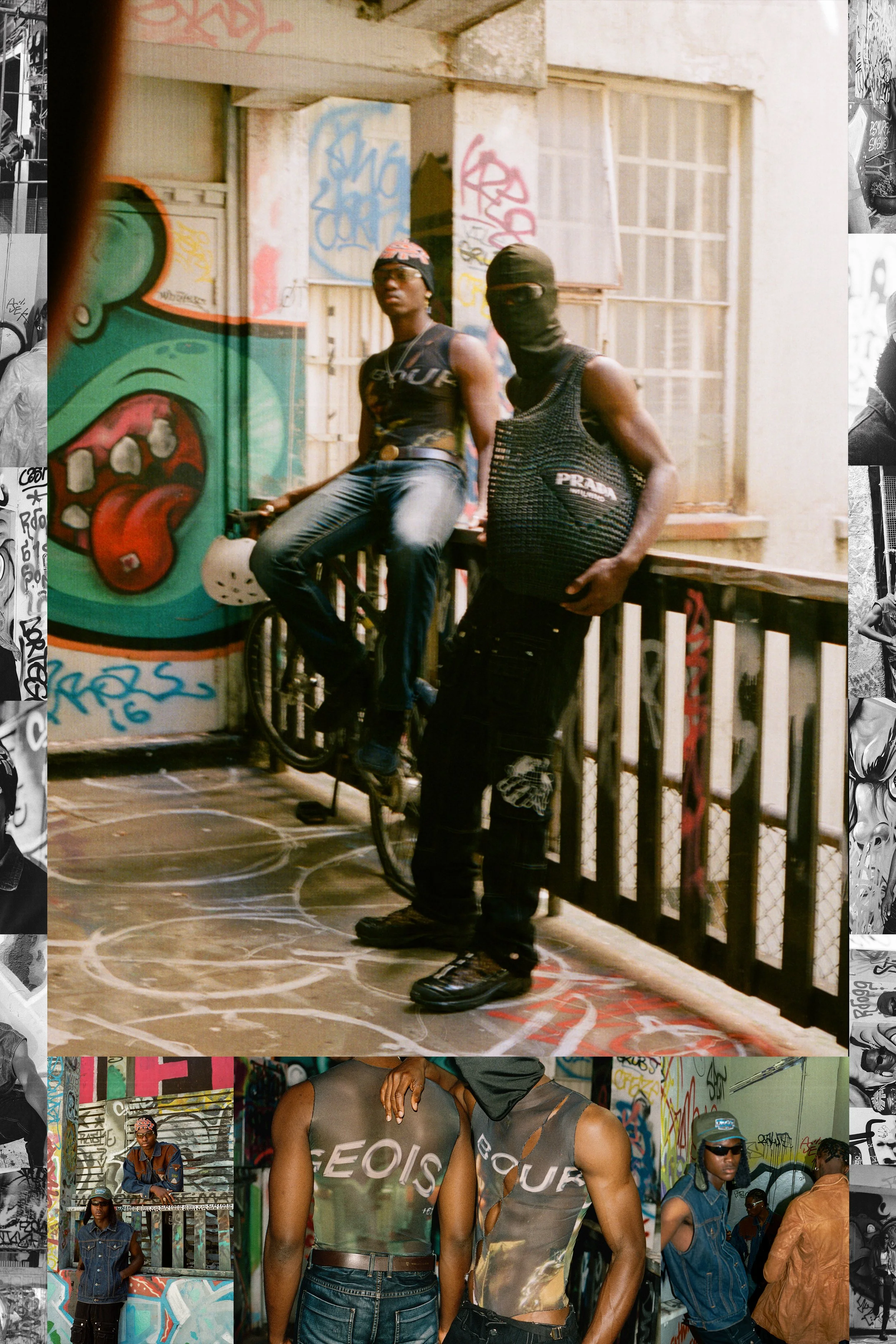 Two young men with dark skin standing against a graffiti-covered wall. One is sitting on a bicycle, wearing a sleeveless shirt, sunglasses, and a cap. The other is standing, wearing a tank top, mask, and bag. The background features colorful graffiti