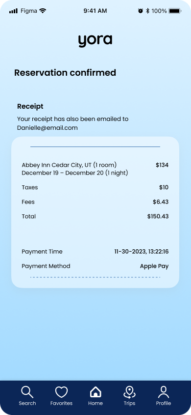 Screenshot of a mobile app confirmation screen showing a hotel reservation at Abbey Inn, Cedar City, Utah, from December 19 to December 20, with a total cost of $150.43, and payment made via Apple Pay.